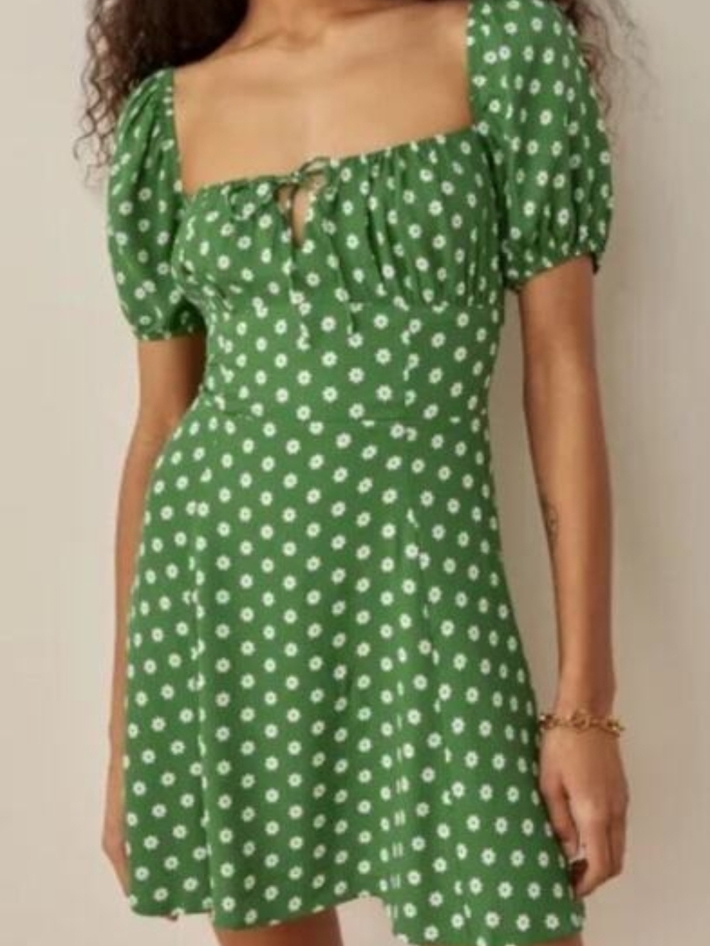Reformation Green Daisy Puff-Sleeve Mini Dress In Hannah NWT - Picture 2 of 5